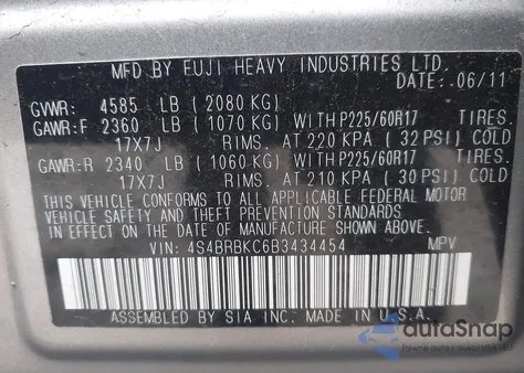 2011 Subaru Outback 2.5I Limited из США, поврежденный, VIN 4S4BRBKC6B3434454